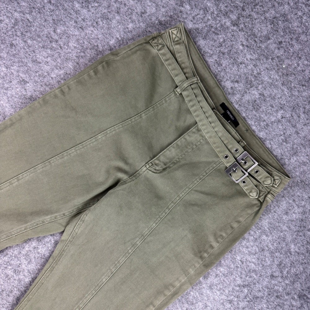 Forever 21 Womens Olive Green High Rise Flare Utility Pant Double Buckle Size 30